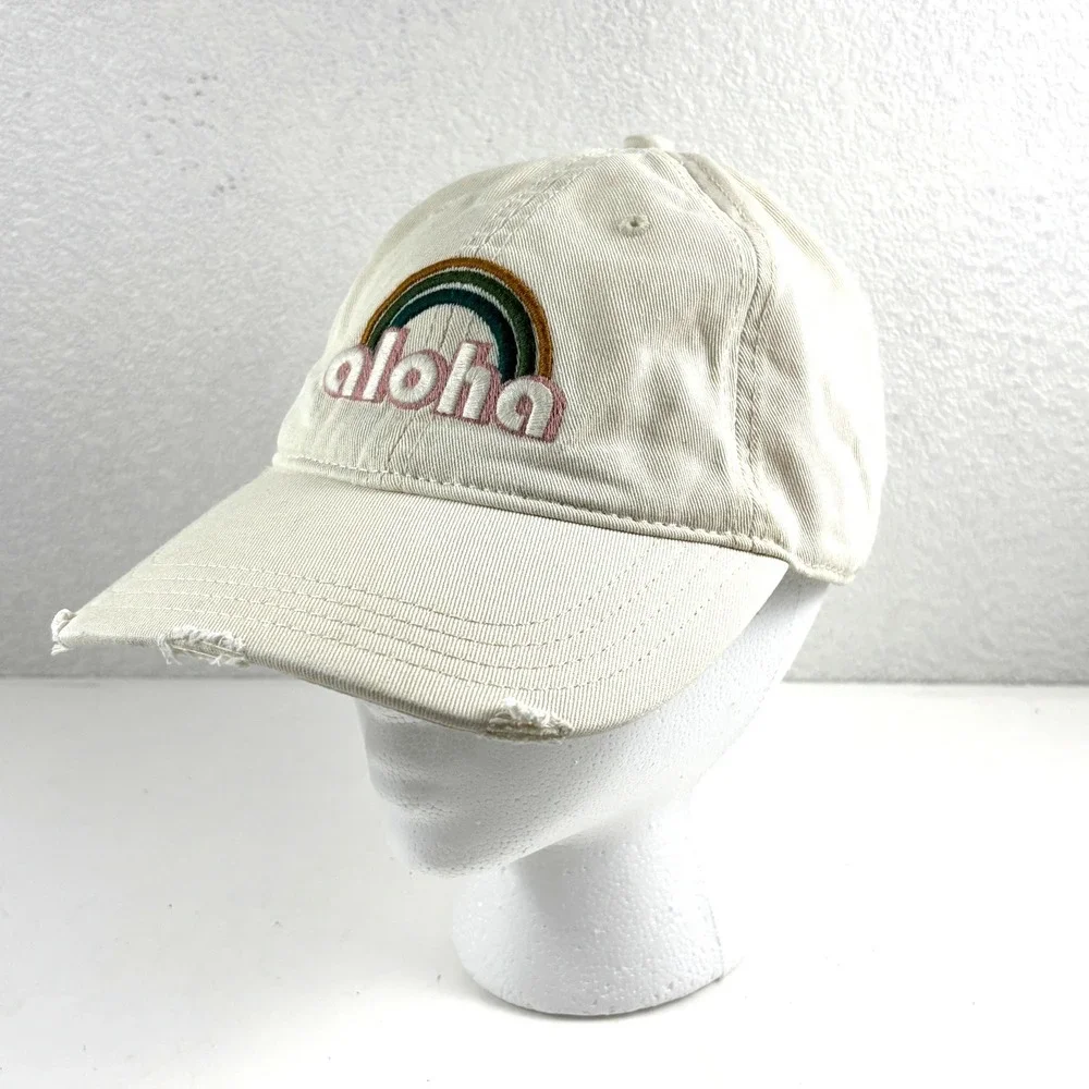 Aerie Baseball Cap Womens OS Cream‎ Aloha Rainbow Distressed Dad Hat Beachy